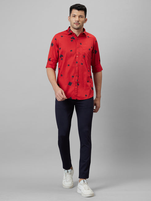 Mens Red Geometric Printed Cotton Linen Casual Shirt