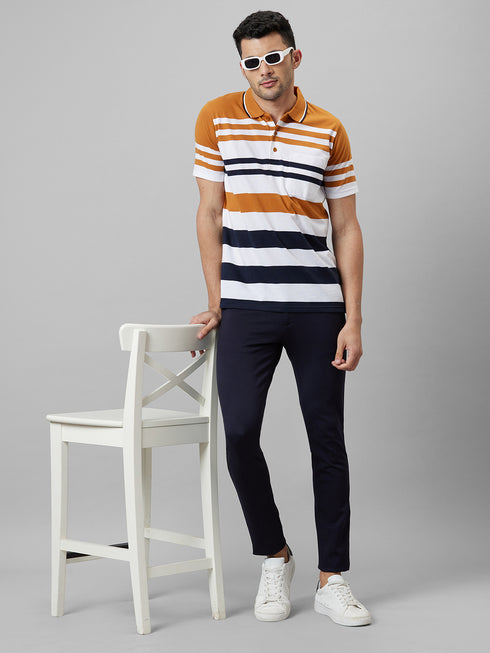 Mens Orange Striped Formal T-Shirt With Half Sleeves And Spread Collar