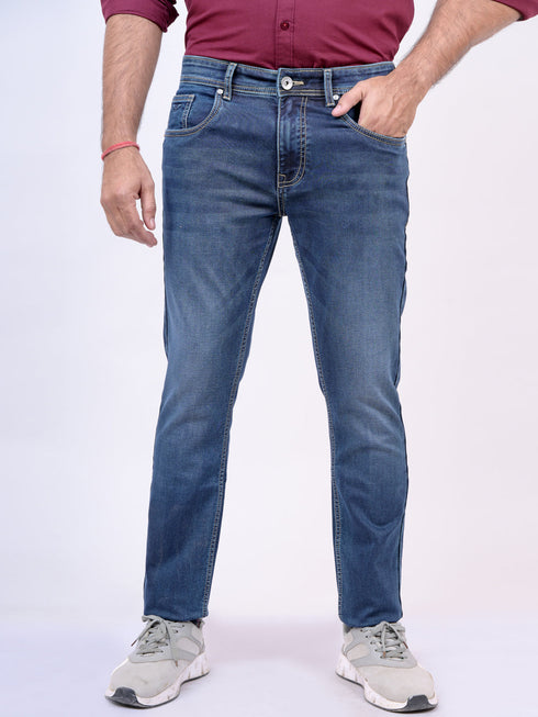Mens Blue Mid Rise Regular Fit Stretchable Jeans