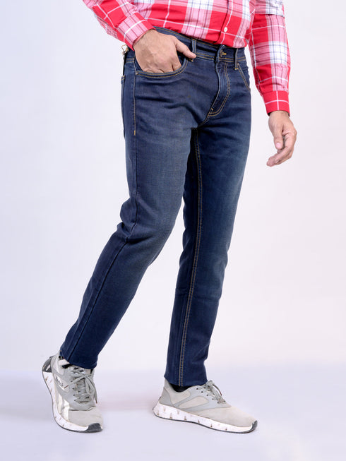 Mens Dark Blue Orange Thread Stretchable Jeans