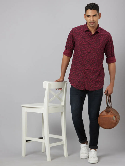 Mens Marron Floral Print Sustainable Casual Shirt With Full Sleeves