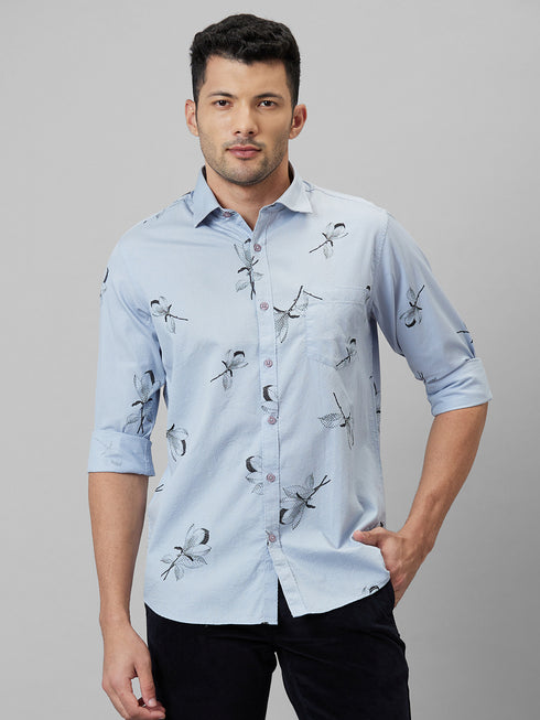 Mens Sky Blue printed casual shirt full sleeves with spread coller