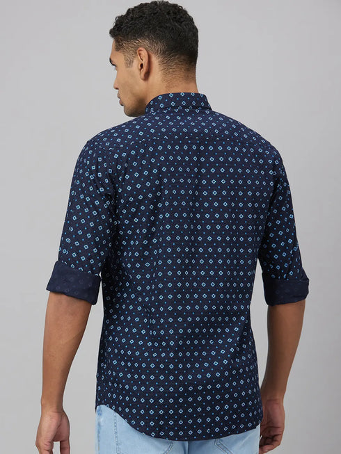 Men Blue Dot Printed Sustainable Casual Shirt With Spread Collar