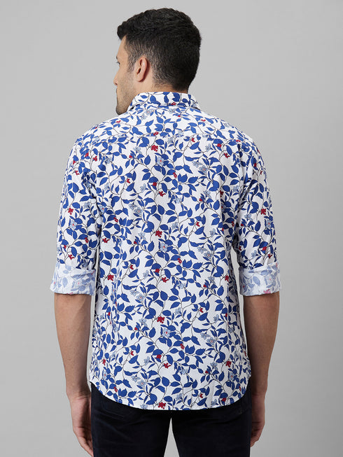 Mens White Floral Printed Spread Collar Cotton Linen Casual Shirt