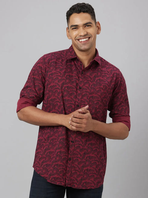 Mens Marron Floral Print Sustainable Casual Shirt With Full Sleeves
