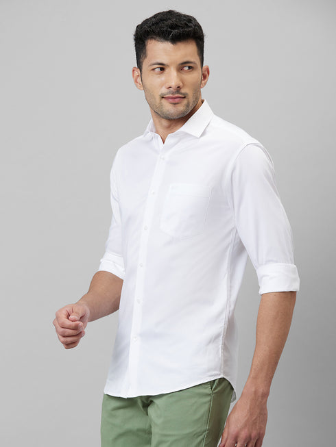 Mens White Solid Casual Shirt Full Sleeve With Spread Collar