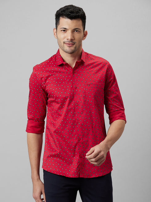Mens Red Opaque Printed Spread Coller Cotton Linen Casual Shirt