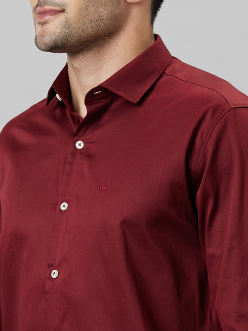 Mens Maroon Spread Collar Cotton Linen Regular Fit Casual Shirt
