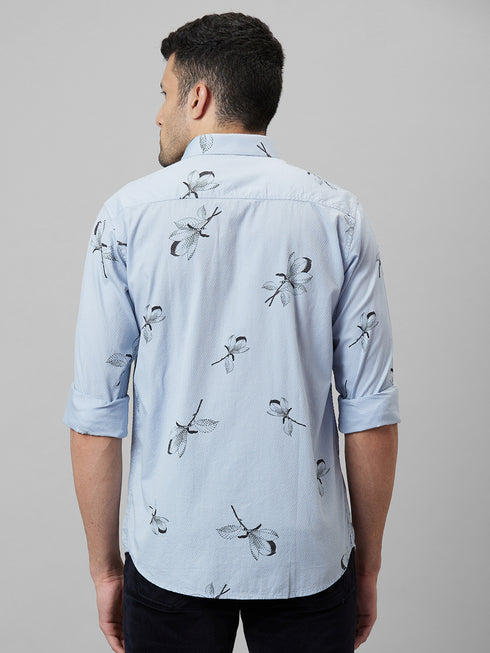 Mens Sky Blue printed casual shirt full sleeves with spread coller