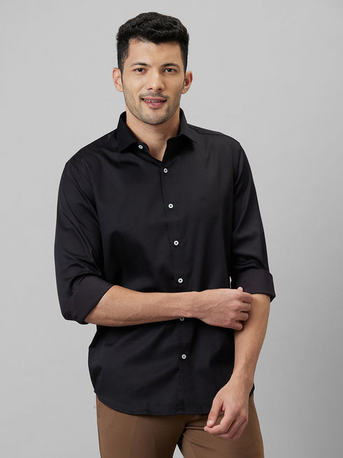 Mens Solid Black Regular Fit Full Shirt With Spread Collar
