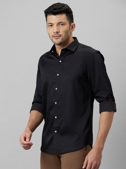 Mens Solid Black Regular Fit Full Shirt With Spread Collar
