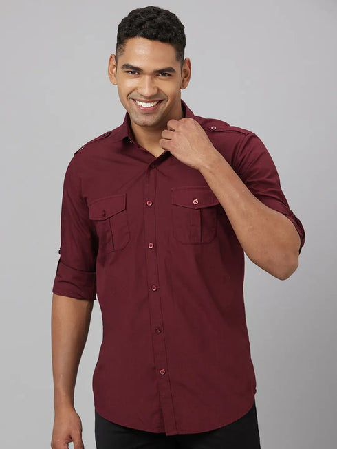 Men Maroon Solid Sustainable Casual Shirt With Full Sleeves