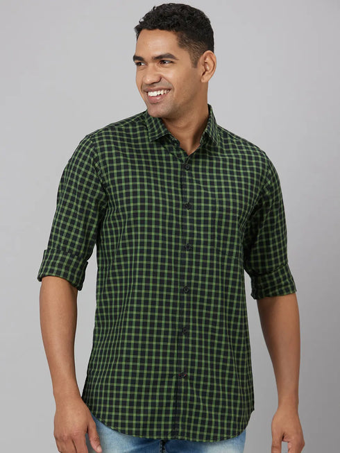 Men Green & Black Checked Sustainable Casual Shirt With Full Sleeves