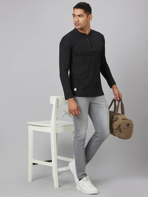 Men Black Solid Polyester Cotton Solid Lounge T-Shirt With Full Sleeves