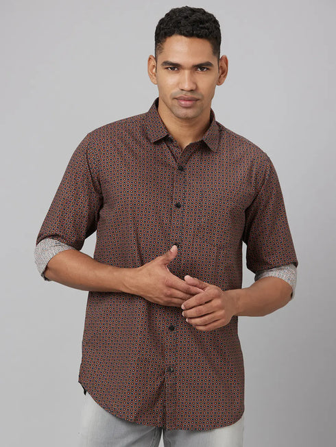 Men Coffee Brown Printed Sustainable Casual Shirt With Spread Collar And Full Sleeves