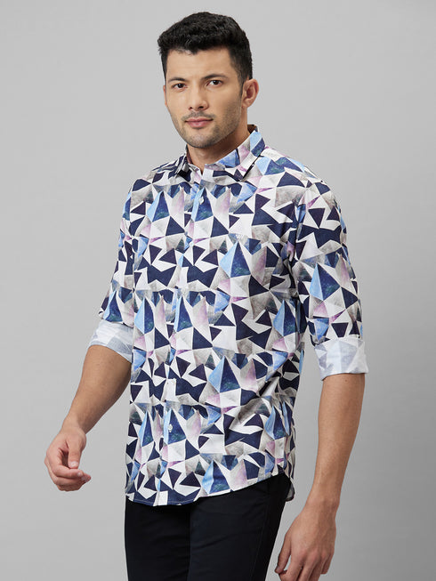 Mens Multicolour Geometric Printed cotton Linen Opaque Casual Shirt