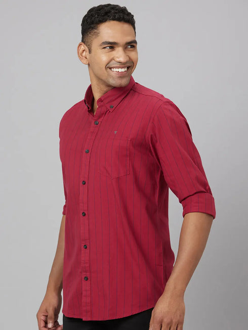 Men Red Striped Sustainable Casual Shirt With Full Sleeves