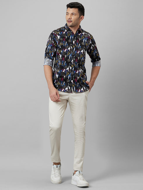 Mens Black Printed Casual Shirt Full Sleeves With Spread Collar