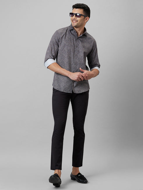 Mens Black Micro & Ditsy Printed Spread Collar Casual Shirt & Regular Fit