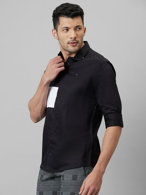 Mens Black Colour Blocked Spread Collar Cotton Linen Casual Shirt