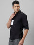 Mens Black Colour Blocked Spread Collar Cotton Linen Casual Shirt