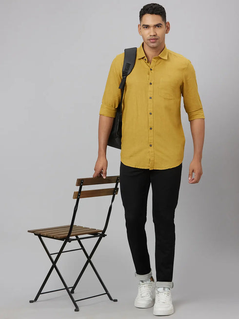 Men Mustard Solid Sustainable Casual Shirt With Spread Collar