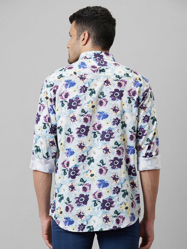 Mens Floral Printed White Casual Shirt Full Sleeve With Spread Collar