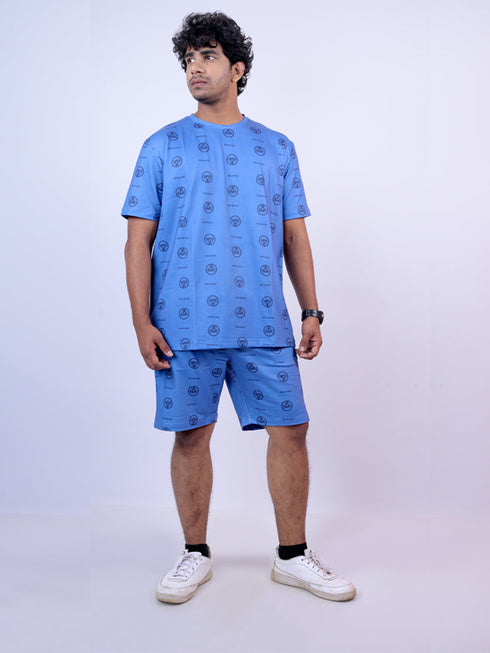 Men Light Blue Printed T-Shirt and Pyjama