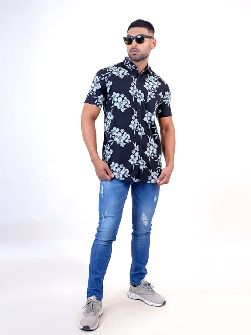 Men Black Floral Printed Sustainable Casual Half Shirt