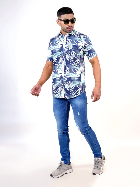 Men Navy Blue Floral Printed Sustainable Casual Half Shirt