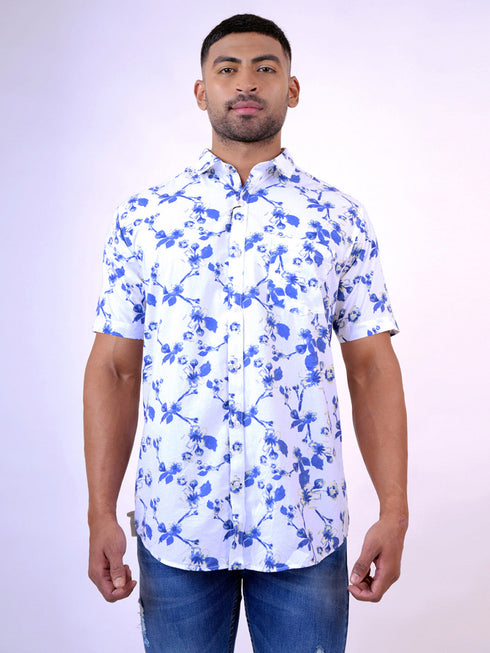 Men White and Blue Floral Printed Sustainable Casual Half Shirt