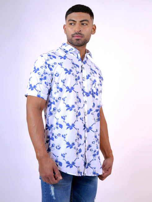 Men White and Blue Floral Printed Sustainable Casual Half Shirt