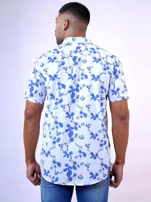 Men White and Blue Floral Printed Sustainable Casual Half Shirt
