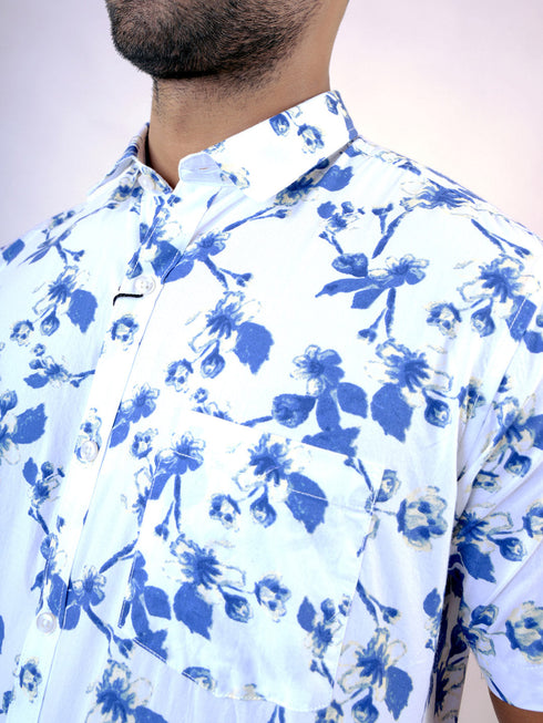 Men White and Blue Floral Printed Sustainable Casual Half Shirt