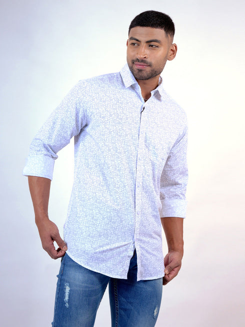 Men White Geometric Printed Sustainable Casual Full Shirt