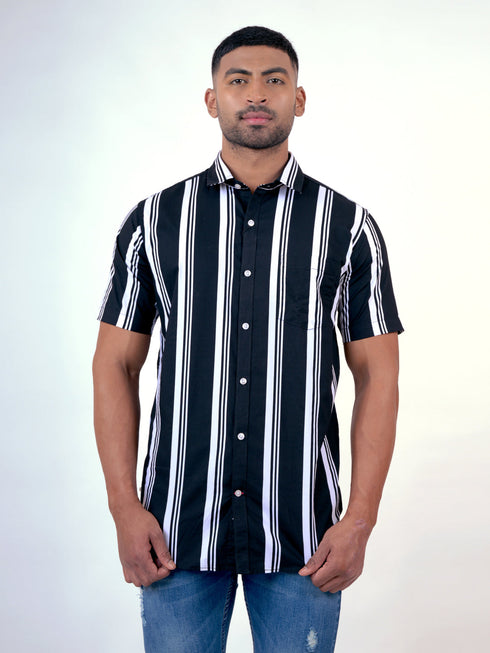 Men Black and White Stripes Printed Sustainable Casual Half Shirt