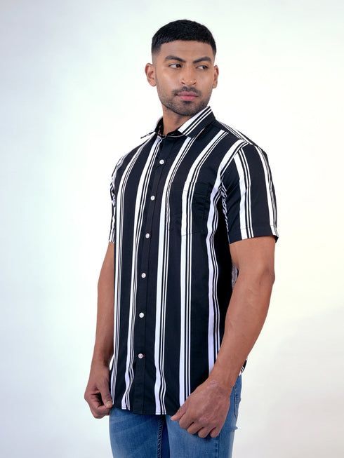 Men Black and White Stripes Printed Sustainable Casual Half Shirt