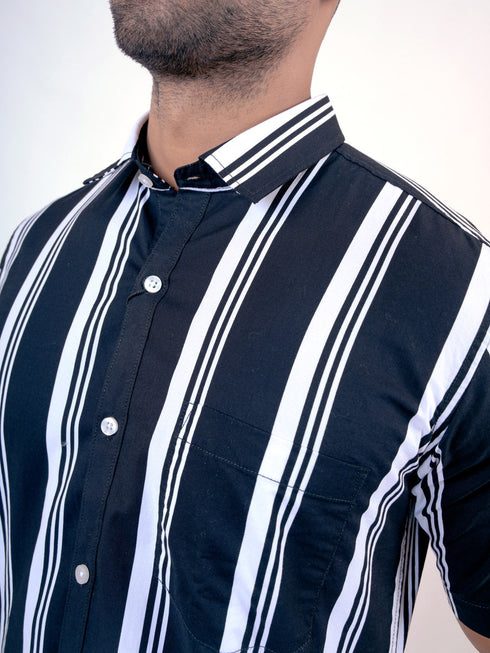 Men Black and White Stripes Printed Sustainable Casual Half Shirt