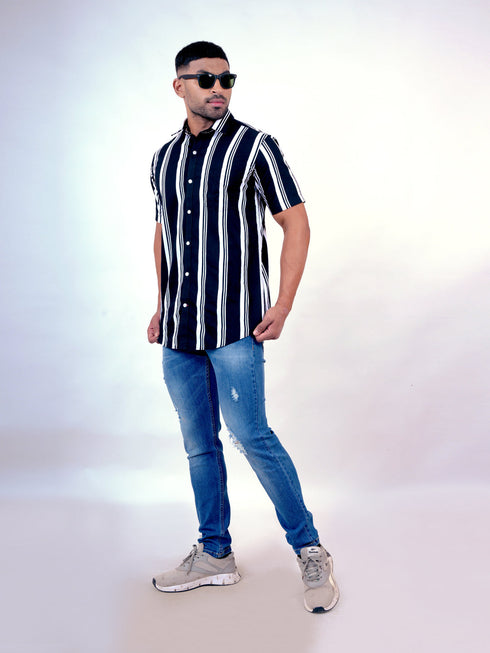 Men Black and White Stripes Printed Sustainable Casual Half Shirt