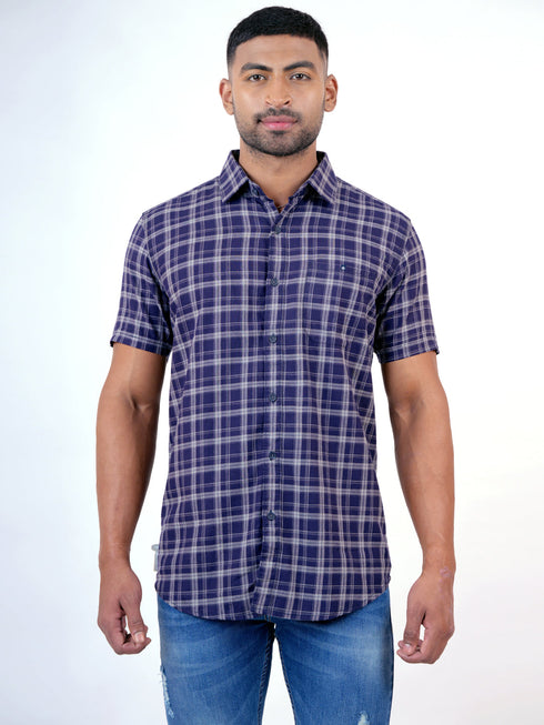 Men Navy Checked Sustainable Casual Half Shirt