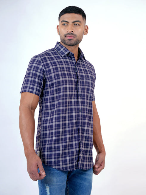Men Navy Checked Sustainable Casual Half Shirt