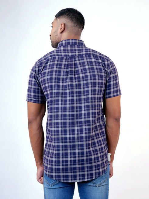 Men Navy Checked Sustainable Casual Half Shirt