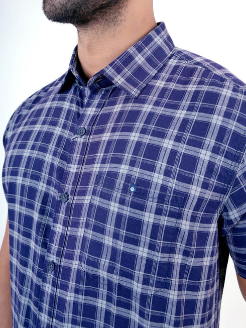 Men Navy Checked Sustainable Casual Half Shirt