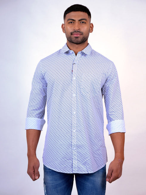Men White Geometric Printed Sustainable Casual Full Shirt