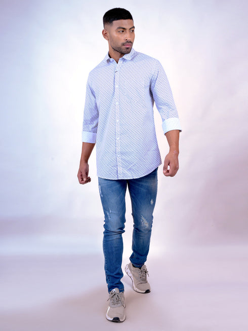 Men White Geometric Printed Sustainable Casual Full Shirt