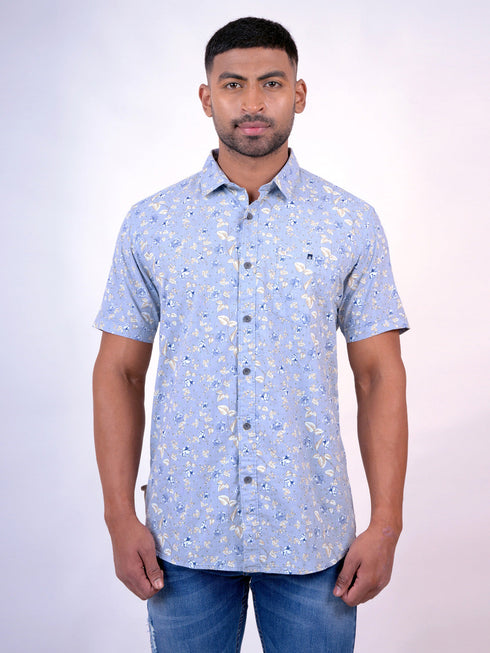 Men Sky Blue Floral Printed Sustainable Casual Half Shirt