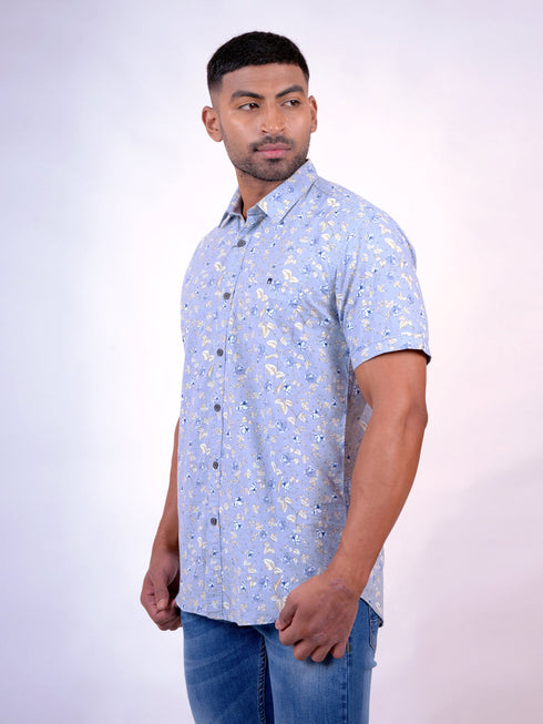 Men Sky Blue Floral Printed Sustainable Casual Half Shirt