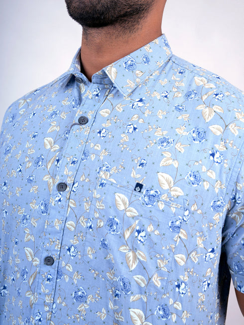 Men Sky Blue Floral Printed Sustainable Casual Half Shirt