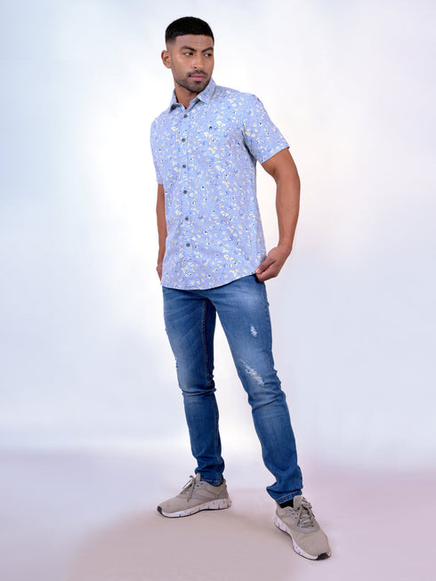Men Sky Blue Floral Printed Sustainable Casual Half Shirt