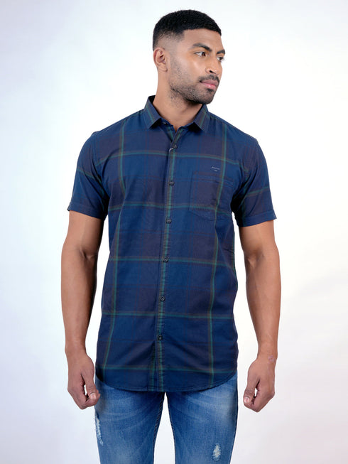 Men Navy Blue Checked Sustainable Casual Half Shirt